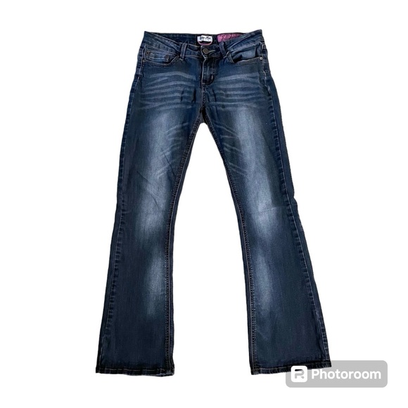 Indigo Rein Stretch Flare Jeans Size 7 Whisker Wash EUC - Picture 1 of 3